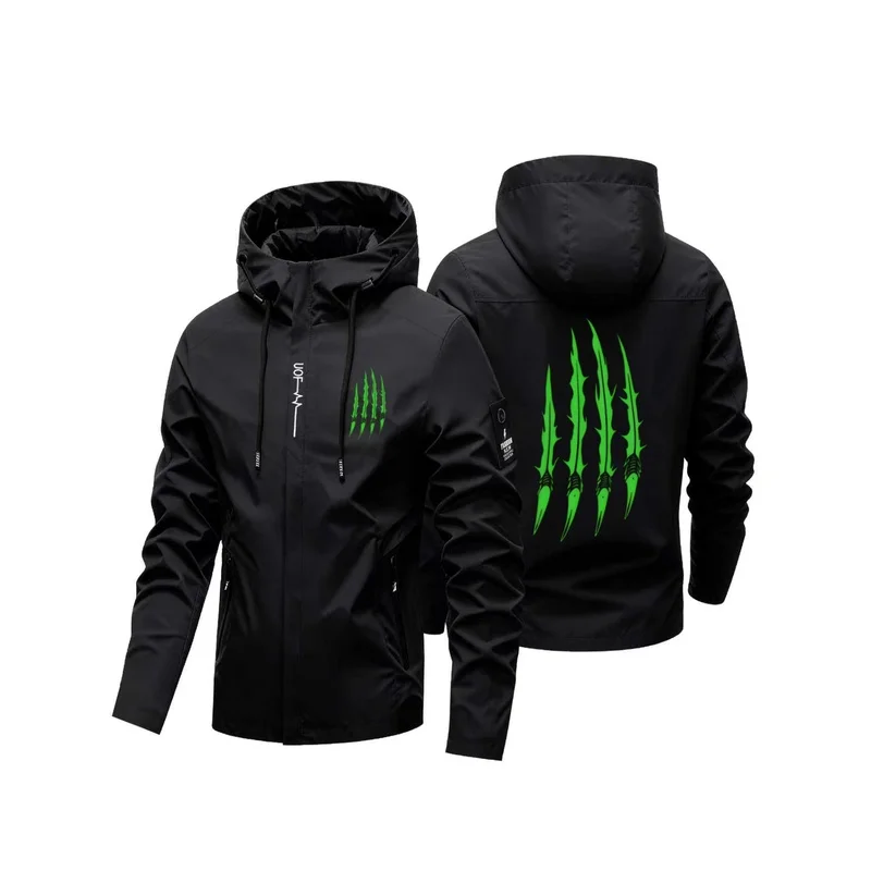 2026 Men's Hooded Windbreaker Jacket Green Claw Print Casual Outdoor Waterproof Hoodie Coat