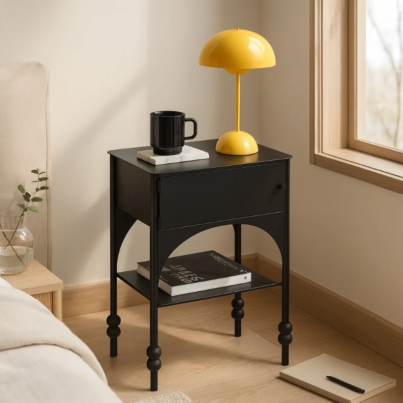 

Vintage Minimalist Bedside Table, Black Narrow Storage Cabinet, Two-Layer Sofa Side Table, Iron Frame Bedroom Organizer