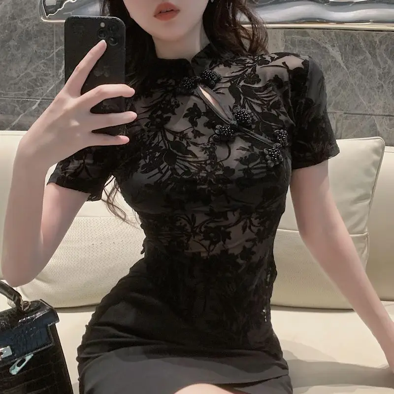 Chinesischen Stil Sommer Shirts Frauen Unregelmäßige Dünne Sheer Sexy Floral Entwickelt Kurzhülse Elegante Dame Vintage Ästhetischen Definiert