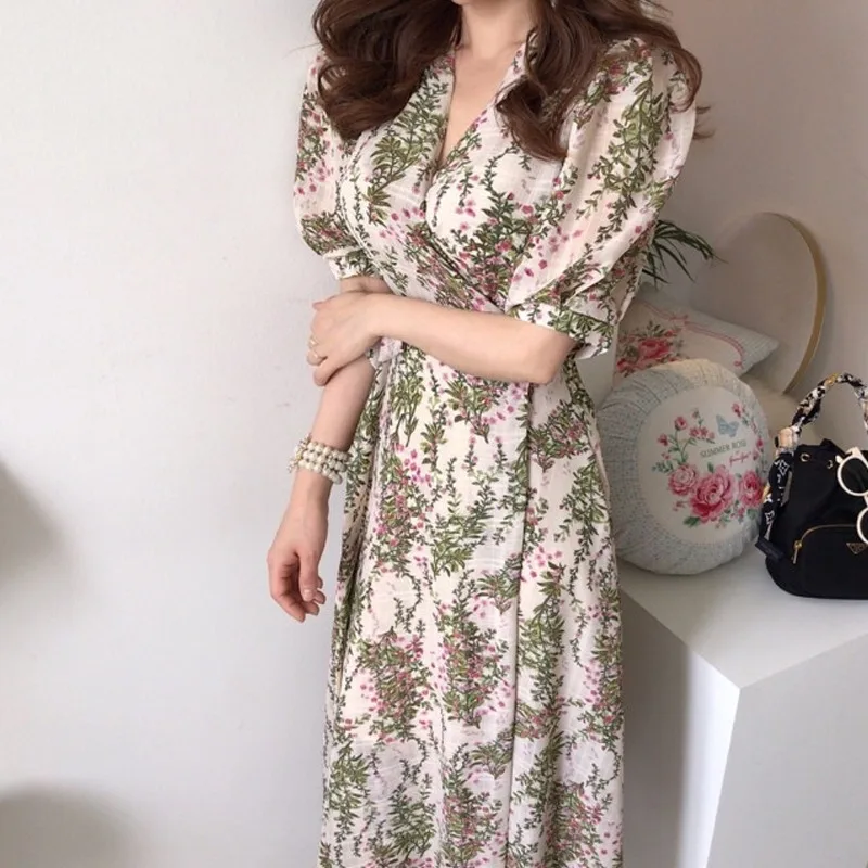 One Piece Bandage Waist Vintage Dress Boho Maxi Summer Elegant V-neck Tie Long Short Sleeved Chiffon Printed Dresses 2024