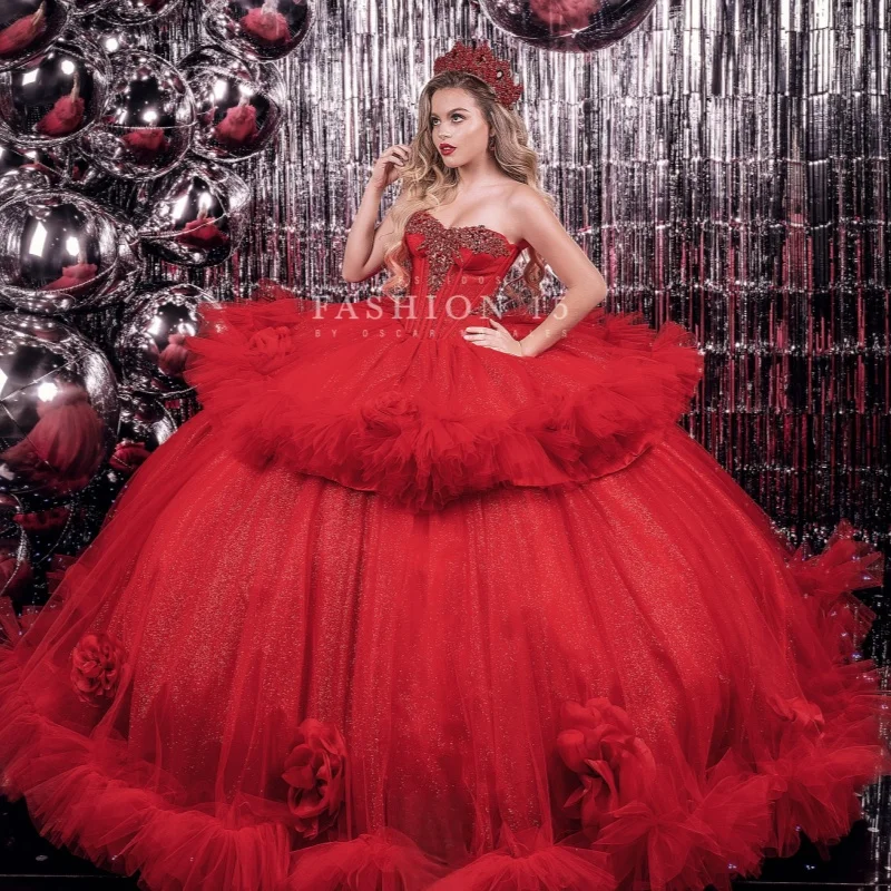 

Red Shiny Princess Sweet 16 Dress Dress Quinceanera Dresses Flower Beads Tiered Tull Corset Tull Party Birthday Vestidos 15 De