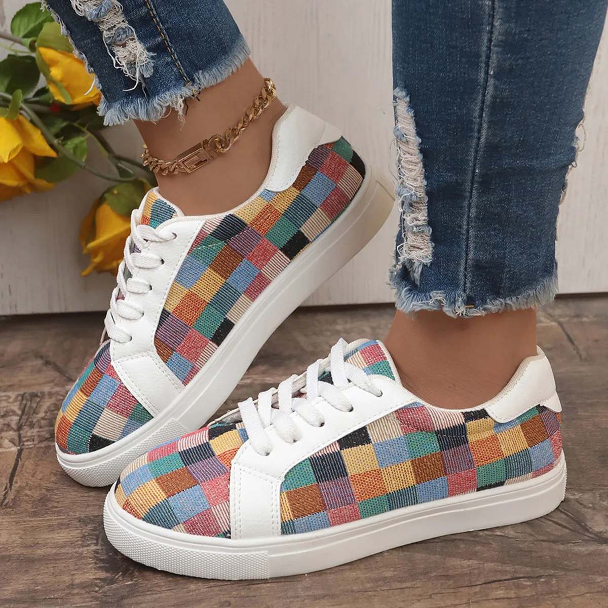 Sneakers Women\'s Canvas Plaid Mixed Colors Casual Shoes Flat Couple Casual Sneakers Low-cut Men and Woman Shoes Tennis Female