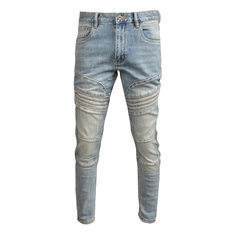 Blue Old Splicing Men\'S Jeans Fashion Brand Stretch Slim Men\'S Pants High-End Motorcycle Street Straight Casual Pants