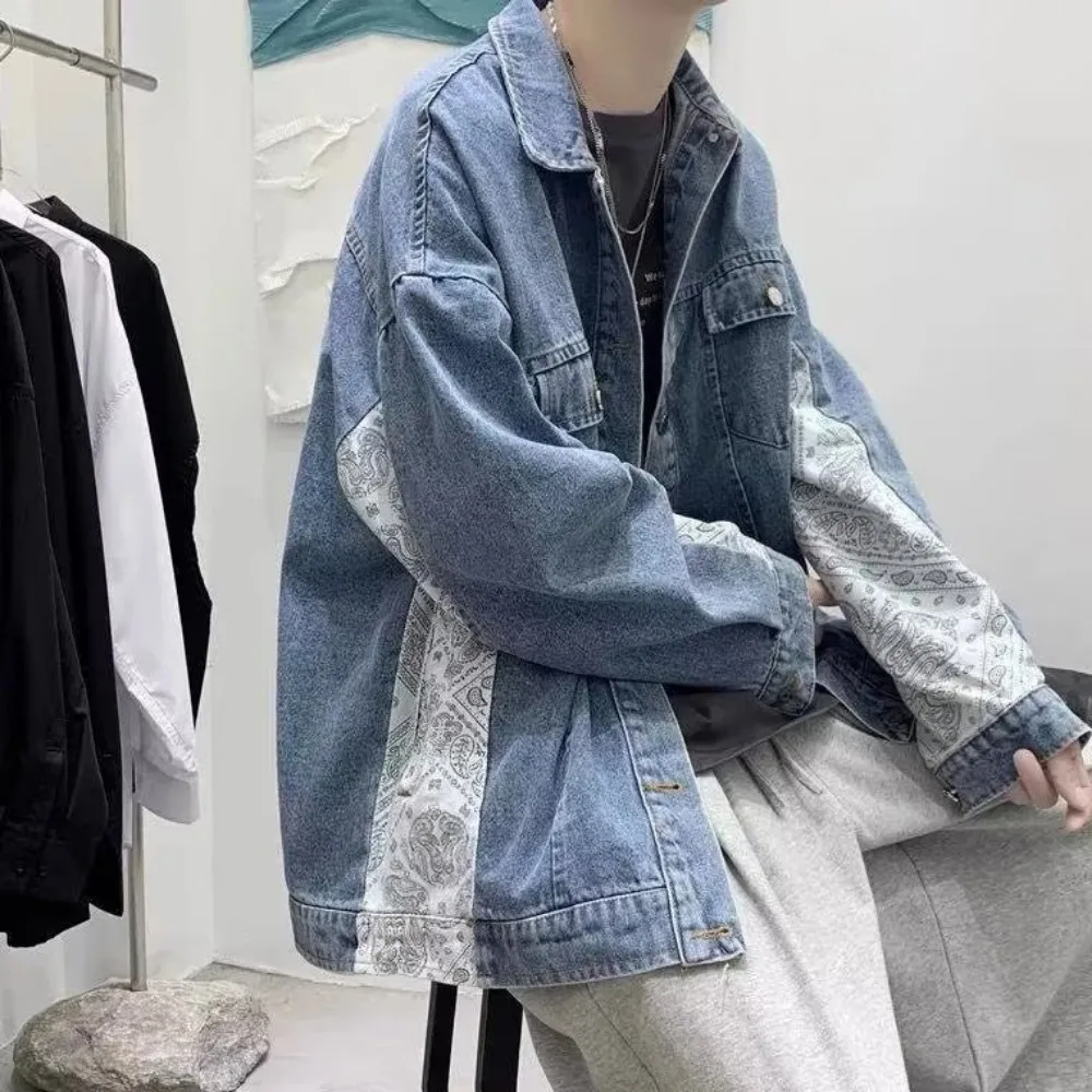 Men Loose Jackets Spliced American Style High Street Handsome Teenagers Denim New Creativity Spring Autumn Versatile Cozy Casual