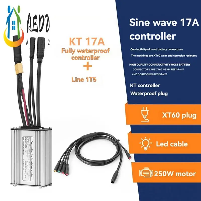 

AED2-контроллер для электрического велосипеда с световым проводом 1T5 KT-17A, водонепроницаемый синусоидальный контроллер, необходимый аксессуар для электронного велосипеда