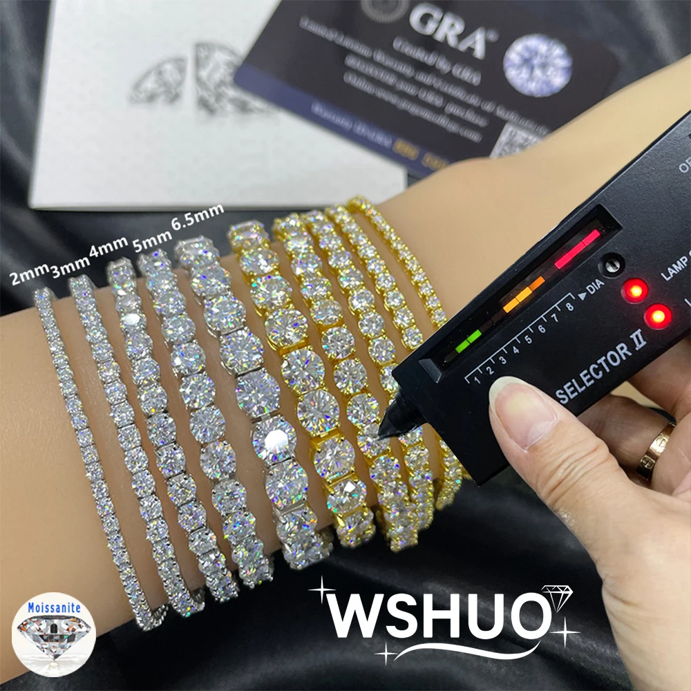 

WSHUO 2/3/4/5/6,5CT теннисные браслеты с муассанитом для женщин и мужчин в стиле хип-хоп, оригинальная цепочка из стерлингового серебра 925 пробы с бриллиантами GRA