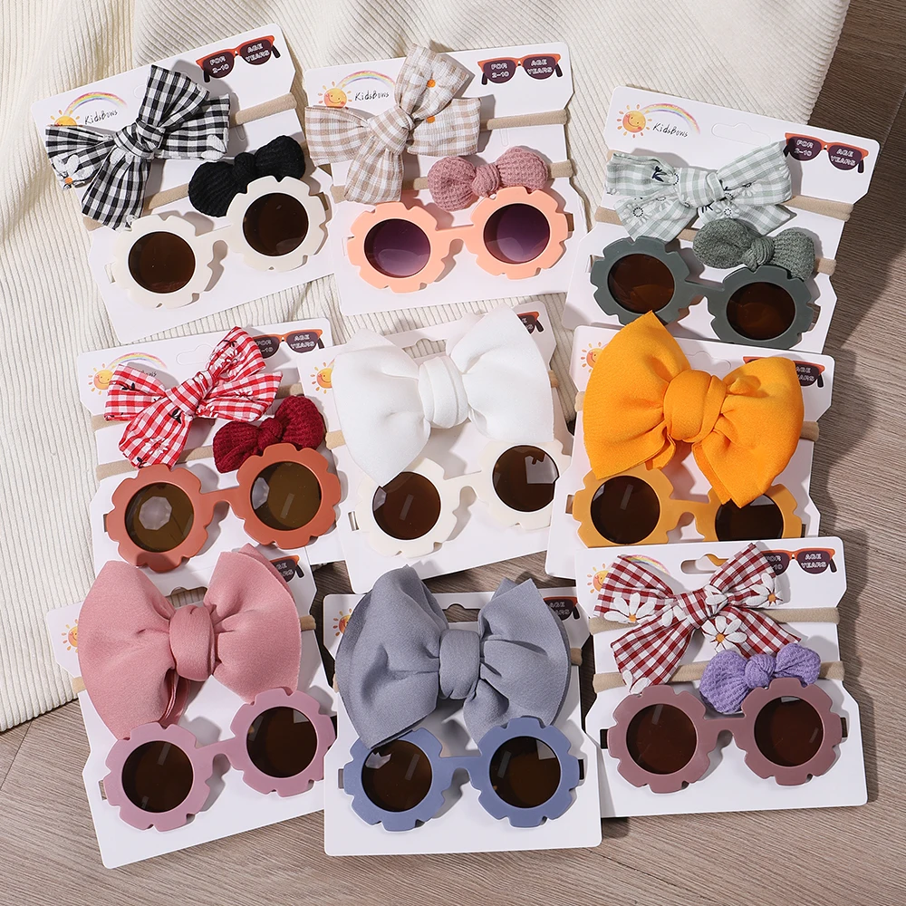 

2/3Pcs/set Kids Sunglasses Headband Set Baby Elastic Nylon Headband Bohemia Beach Seaside Sun Glasses Kids Bow Headwear Gift