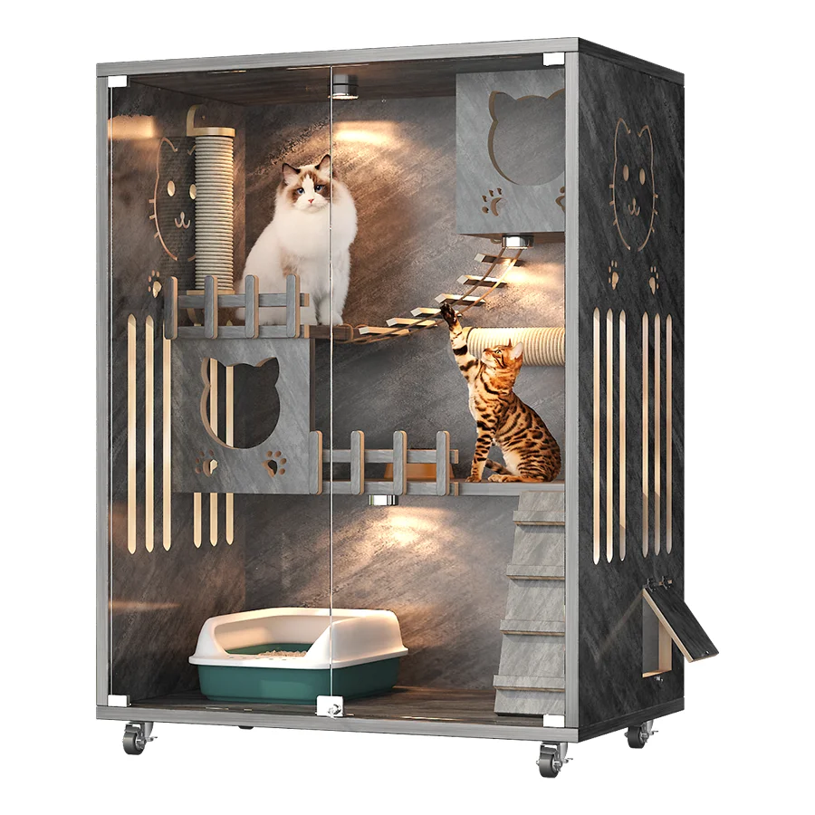 

Multi-Layer Luxury Solid Wood Cat House Eco-Friendly Breathable Pet Carrier Small Animals Upgraded Cat Cage Villa