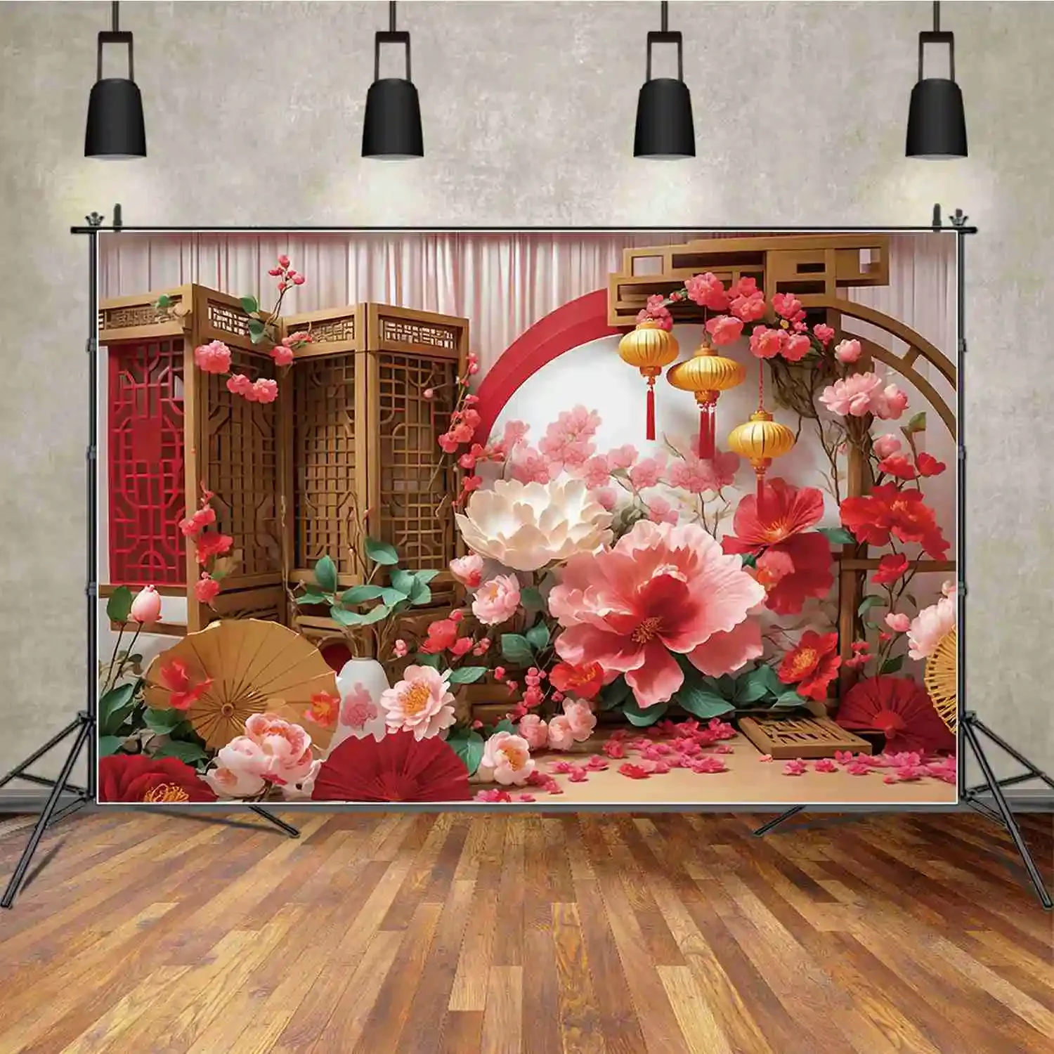 MOON.QG Classical Chinese New Year Background Photography Candle Fan Golden Lantern Photozone Backdrop Baby Studio Accessories