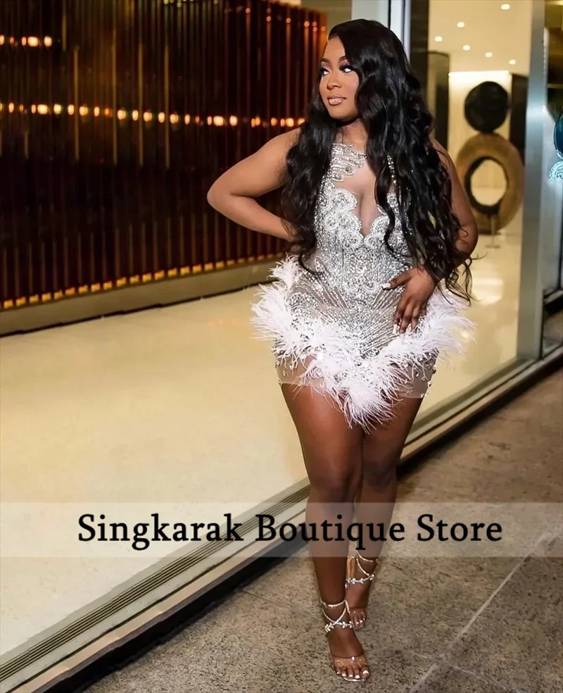 Sexy glitzerndes rosa Diamanten kurzes Ballkleid Glitzerkristalle Strass Perlen Feder Geburtstagsfeier Senior Homecoming Maßgeschneidert