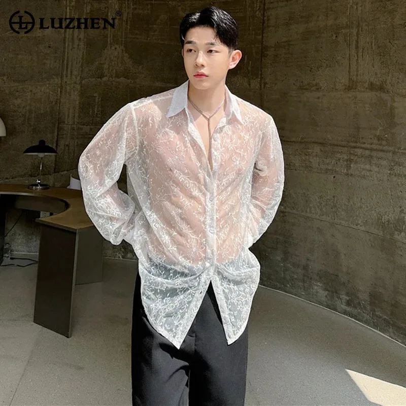 

LUZHEN Shirts Jacquard Translucent Original Design Long Light Sleeved Thin Personalized Fashion Street Korean Men's Tops JY2753