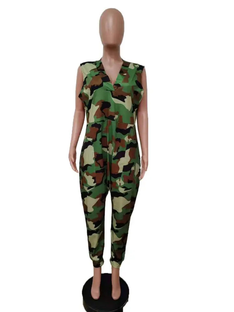 Fashion Women Casual Pocket Jumpsuits Summer Sexy Camouflage Letter Bandage Sleeveless Romper Jumpsuits Female One-piece Outfits