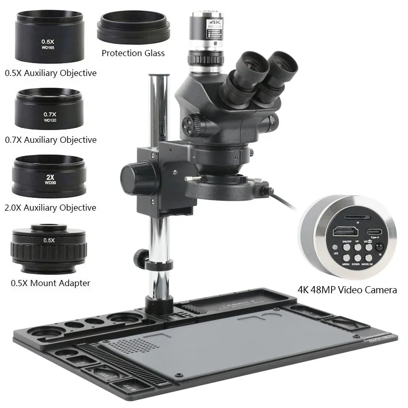 4K 48MP 55MP Video Camera Stereo Trinocular Microscope WF10X22 Lens 56 LED Ring Phone Repair Aluminum Alloy Worktable Base Set