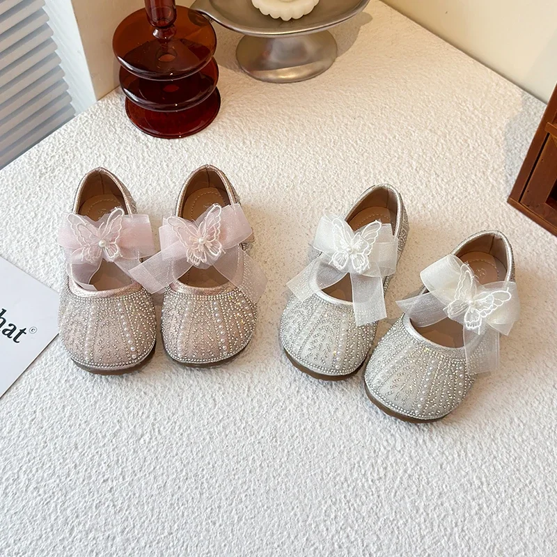 

Girls Flat Shoes Mesh Lace Bows Sweet Butterfly Kids Leather Shoes Round Toes 2025 New Girls Princess Shoes Non-slip Pearl Sweet