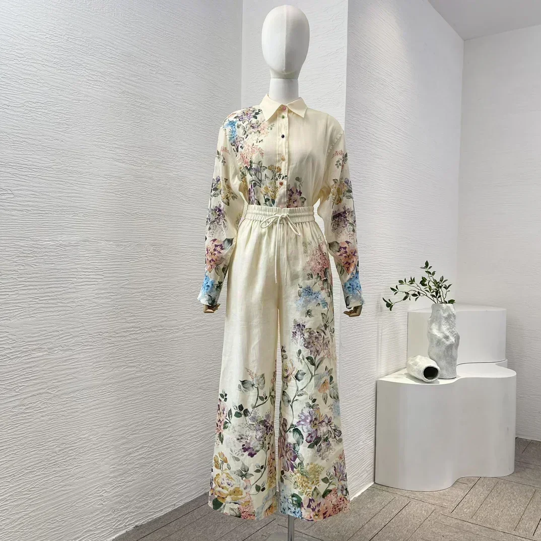 

2024 Spring Summer New Floral Print Long Sleeve Ramie Blouse Tops and Linen Wide Leg Drawstring Pants Vintage Women Casual Sets