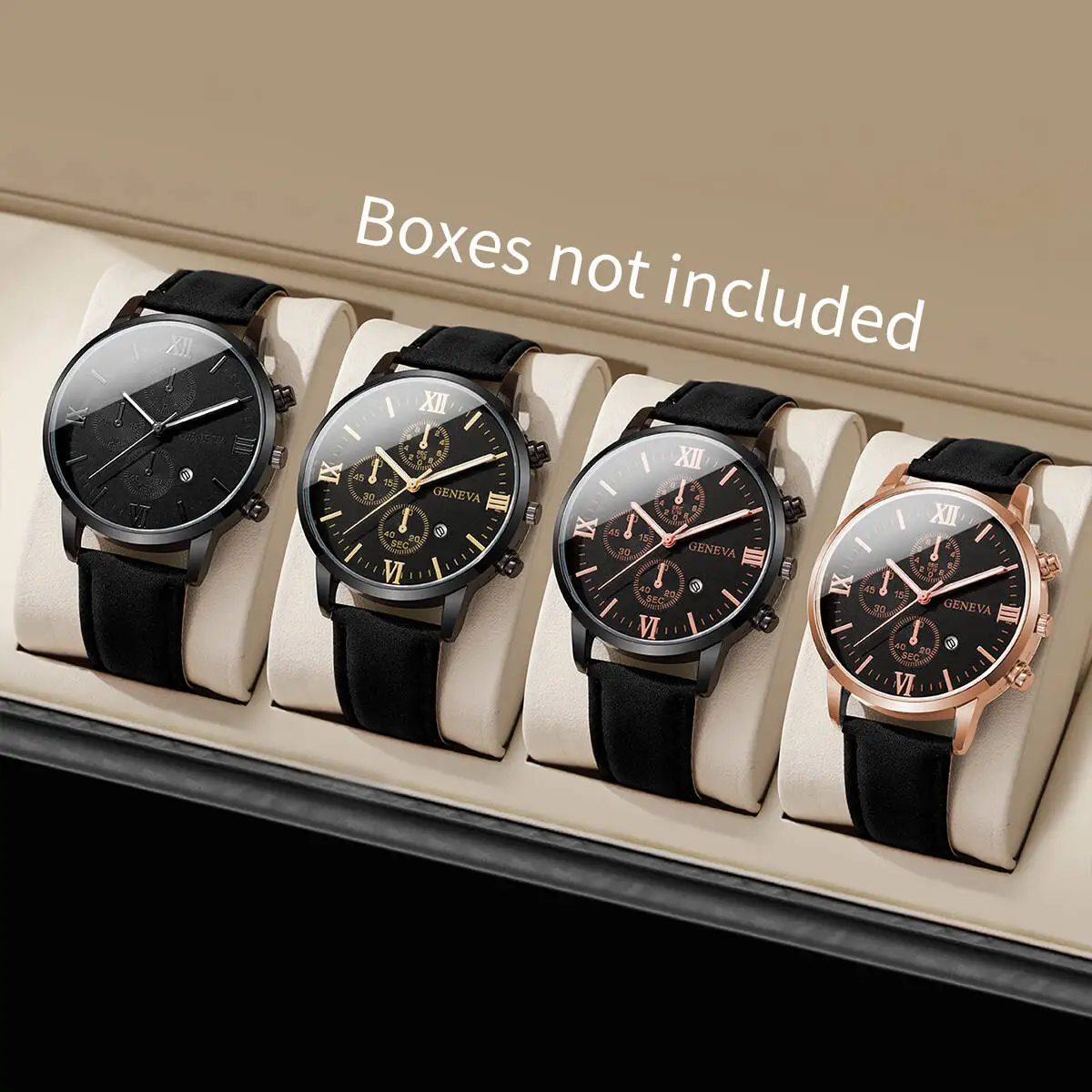 3/4PCS 패션 남자 시계 가죽 스트랩 남자 비즈니스 석영 손목 시계 달력 Reloj Hombre (상자 없음)