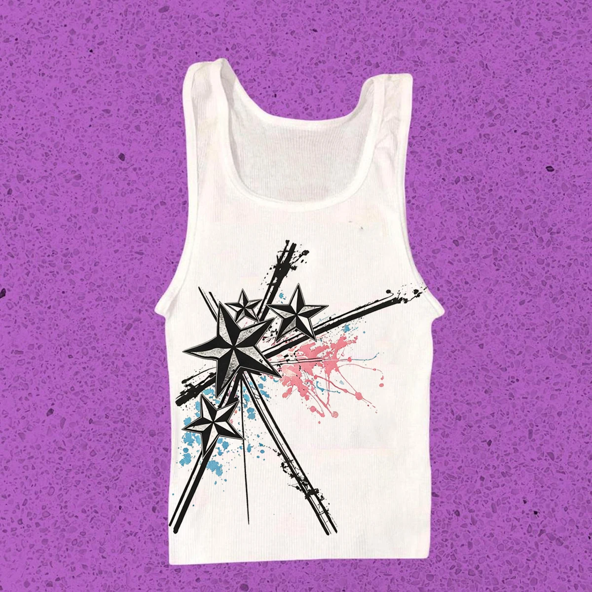 Y2K Star Splash Paint T Shirt Women Grunge Nautical Star Ink Splatter Print Short Sleeve Beige Crop Ladies Graphic Tee Tops