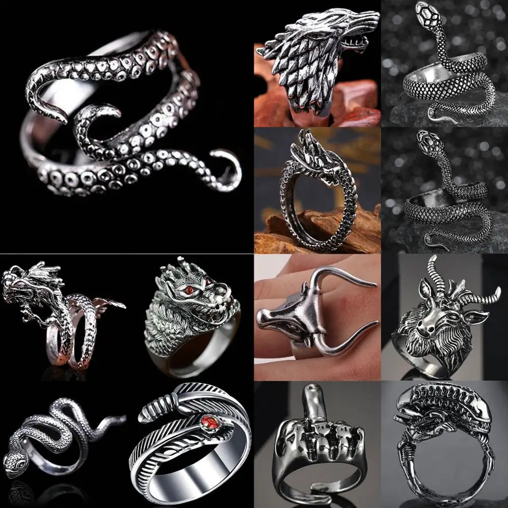 Anillos geniales, Anillo gótico de pulpo de calamar de aguas profundas, Anillos Vintage de lobo/ciervo/hoja/digón/serpiente, Anillo de Halloween para Hombre, bisutería