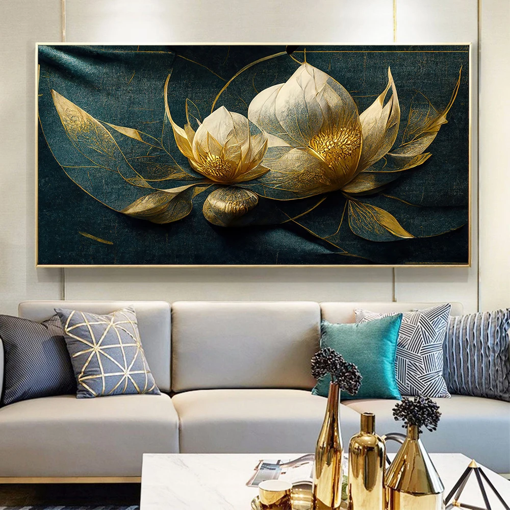 

Green Gold Lotus Flower Wall Art Poster Print, Canvas Painting, Elegant, Luxury Plants, Floral Picture, Living Room, Home Decor