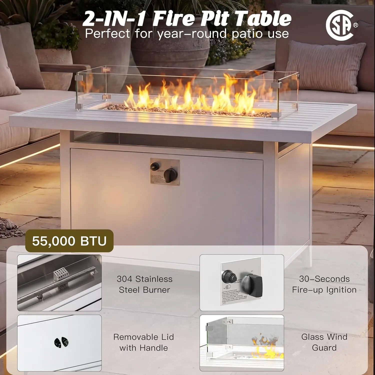 7-Piece Outdoor Aluminum Patio Furniture Set with 55,000 BTU Fire pit Table, Customized