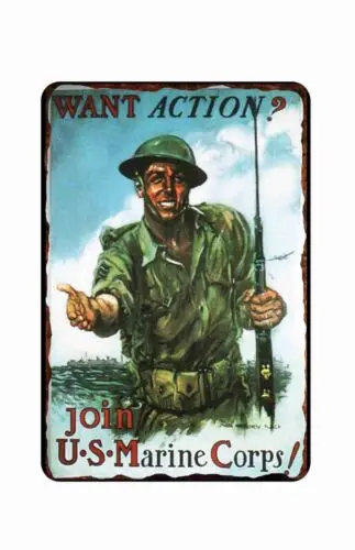 Want Action Marines Recruiting Poster Vintage Military Wall Art Tin Sign  8 x 12 sign sign sign