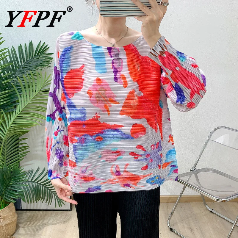 

YFPF повседневный плиссированный пуловер с принтом, топы для женщин, блузка контрастного цвета с длинными рукавами, новинка 2023 года, одежда 3A273
