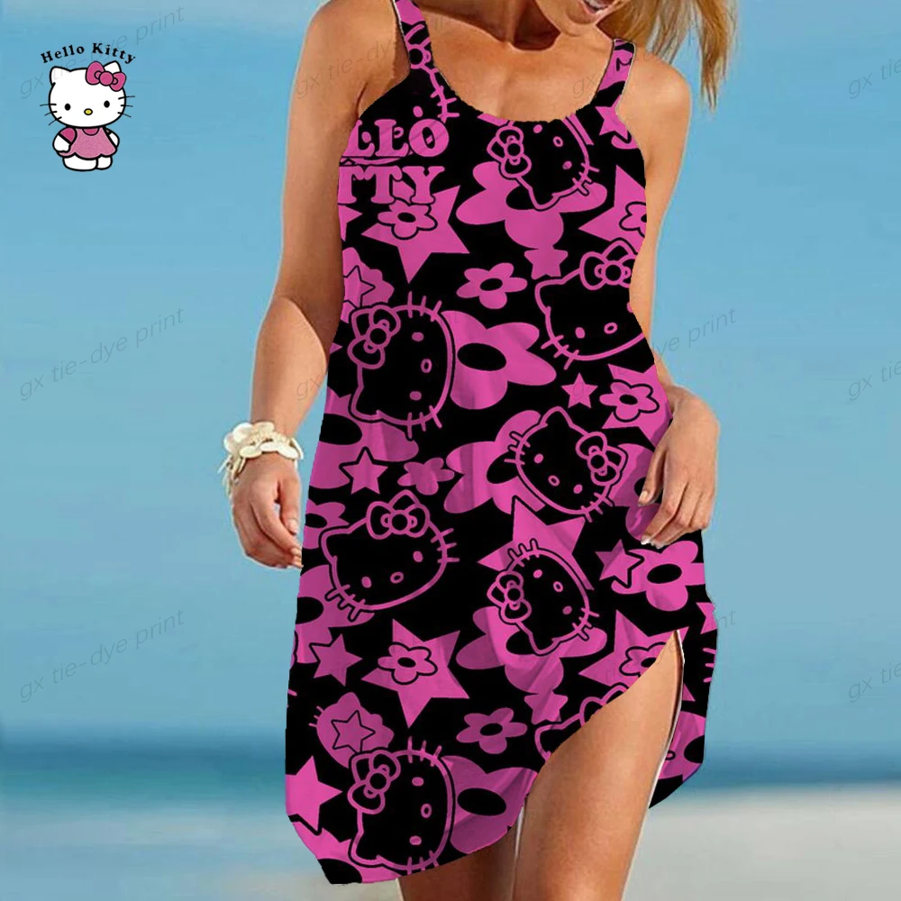 2023 seksowna sukienka damska letnia O dekolt w stylu Vintage Boho impreza na plaży sukienka plażowa Hello Kitty Oversize Sundress