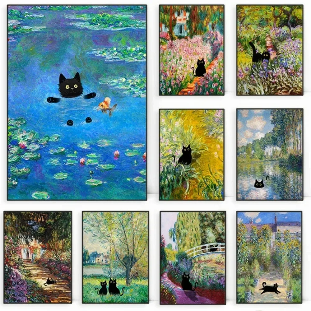 (No frame)1pc Frameless Claude Monet Artworks Interesting Cute Black Cat Lotus Pond Poster Canvas Paintings for Living Room H