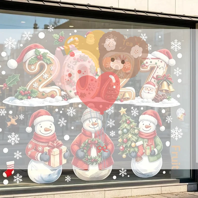2027 Christmas Window Clings Santa Sleigh Reindeer Gingerbread Snowman Snowflake Stickers Mall Shop Window Glass Holiday Decor