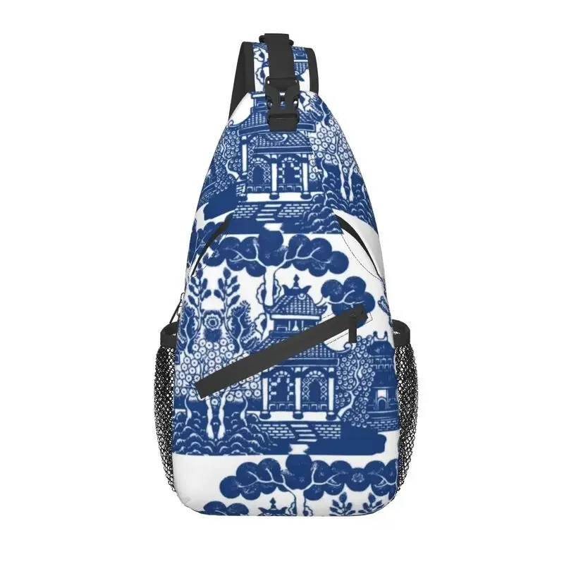 Cool Blue Willow Chinoiserie Blue And White Porcelain Inspiration Crossbody Sling Backpack Men Shoulder Chest Bag for Traveling