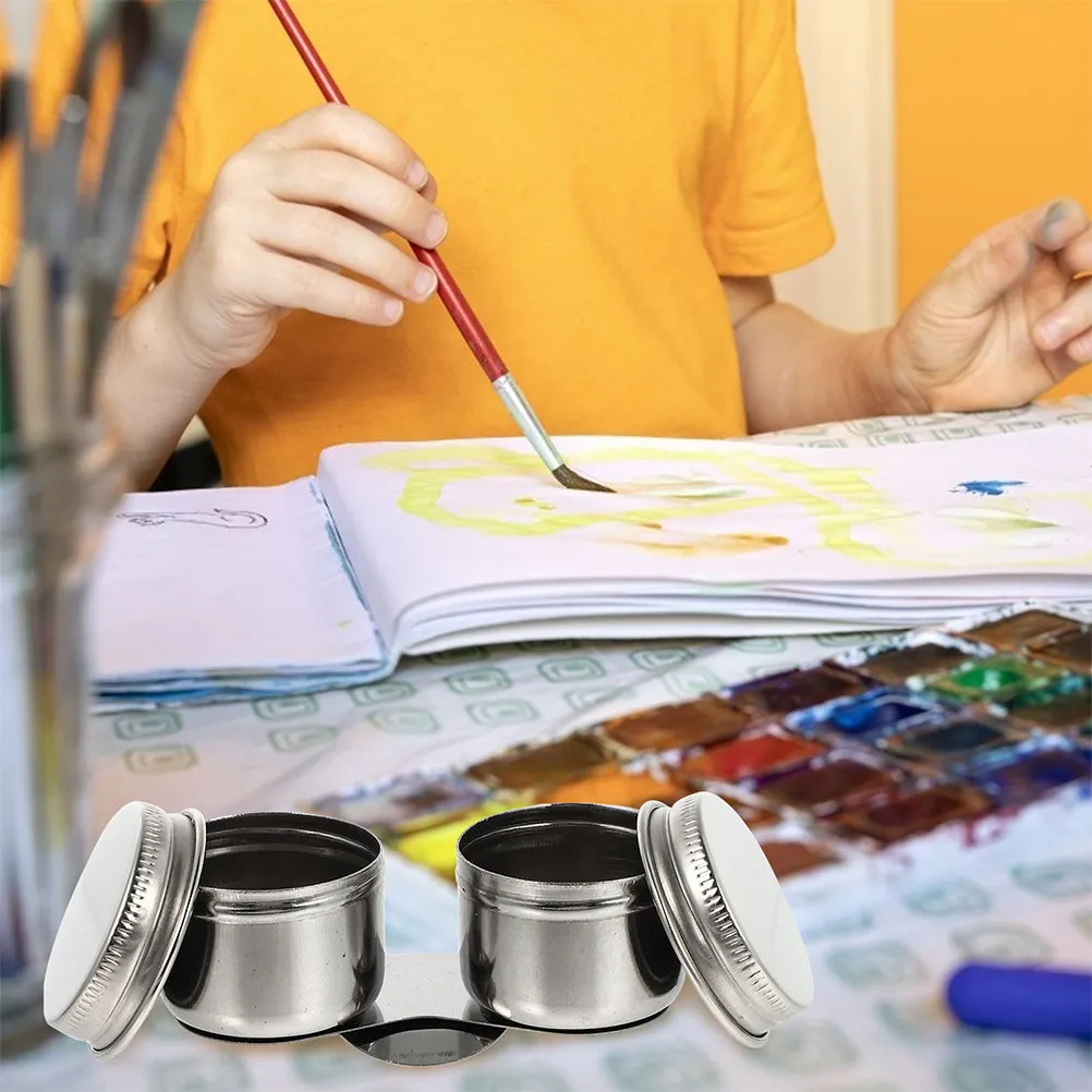 2Pcs Oil Palette Cups Stainless Steel Brush Washing Container Pen Cleaning Pot Paint Brush Washer Holder Portable for Art