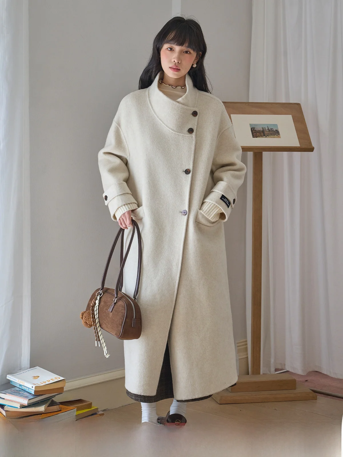 

Женское двустороннее шерстяное пальто Ele с воротником-стойкой, новая зимняя коллекция, высококачественная верхняя одежда из шерсти.