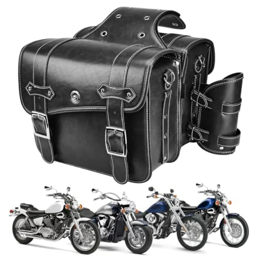 

Leather Motorcycle Saddlebags 26L Throw Over Saddle Bag with Cup Holder for Universal Motorcycle Softail Dyna Sportster Road Ki