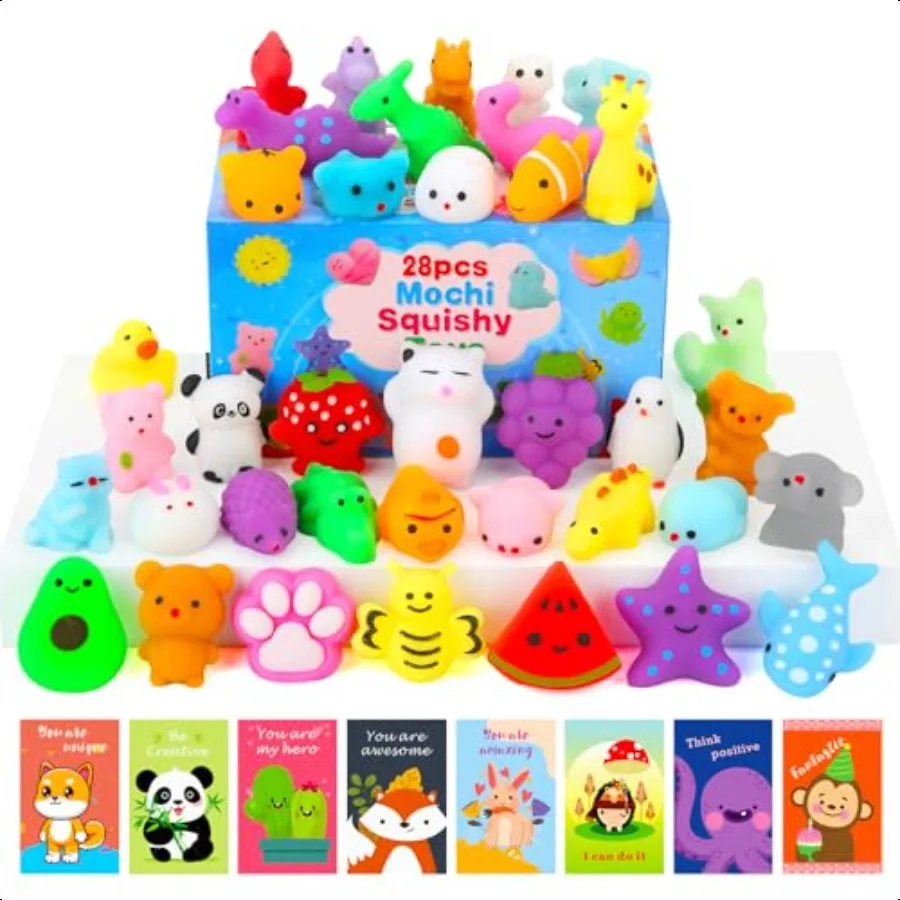 

Squishy Toys, 28 упаковок Squishies и карты, сувениры для вечеринок для 48 812, коробка сокровищ, классные призы, Mochi Squishy Cat Fidget Toys St