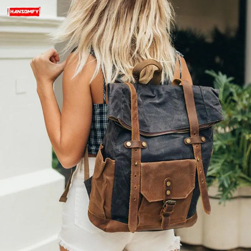 Retro Waterproof Women Backpack Travel Shoulder Bag Female Large Capacity Backpacks Computer Canvas with Crazy Horse Leather Big