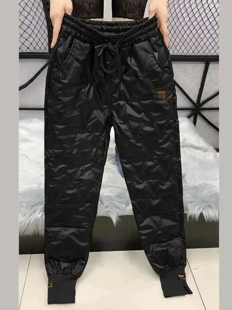 Winter Oversized Down Cotton Pencil Pants Warm Korean Fashion Slim Thick Women Pantalones Casual High Wais Black Trousers 4XL