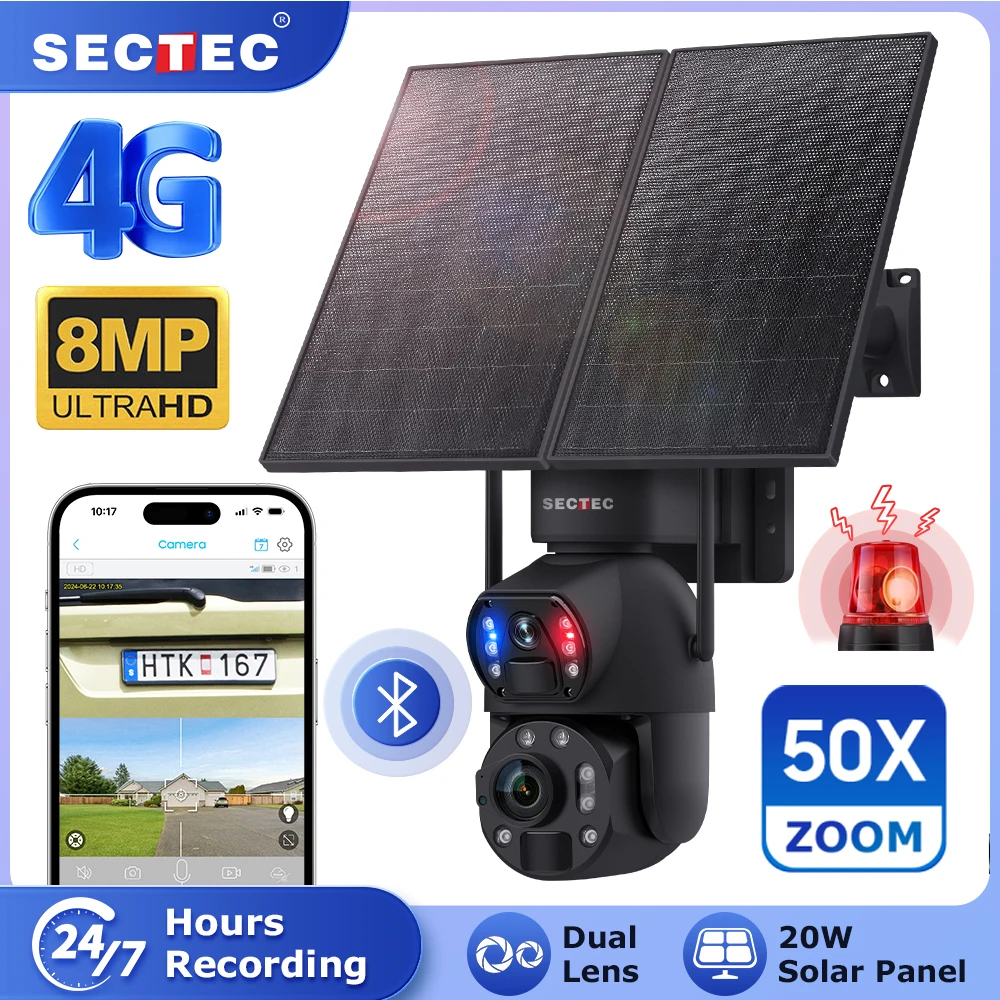 

SECTEC 50X Zoom 20W Solar Battery 8MP Camera Red Blue Alarm Floodlight PTZ Camera 4G Surveillance Camera Solar Cameras Outdoor