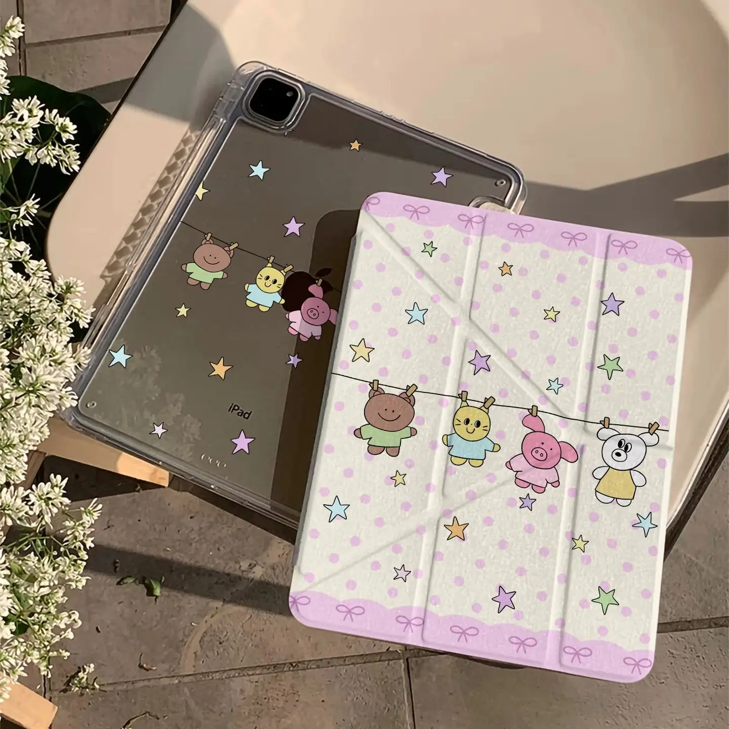 Cute Pink Polka Dot Star Doll Tablet Case For iPad Pro 11 12.9 13 A16 M2 M4 M3 M5 Shell 5/6/7/8/9/10/11th Mini Air 3 4 5 6 Cover