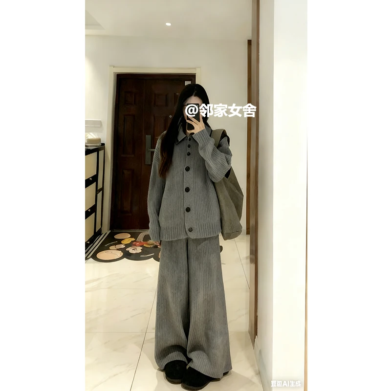 Korean Style Fashionable Cotton Vest Sweater High Waist Wide Leg Pants Three Piece Set Warm Casual Wear for Women 18-25 Years...