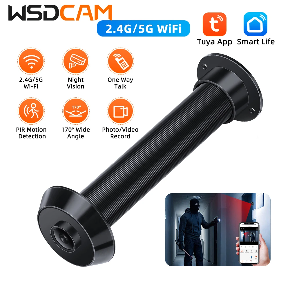 Wsdcam Door Peephole Viewer 170° Wide Angle Video Eye 2.4G/5G Wifi Camera Motion Detection Door Viewer Night Vision