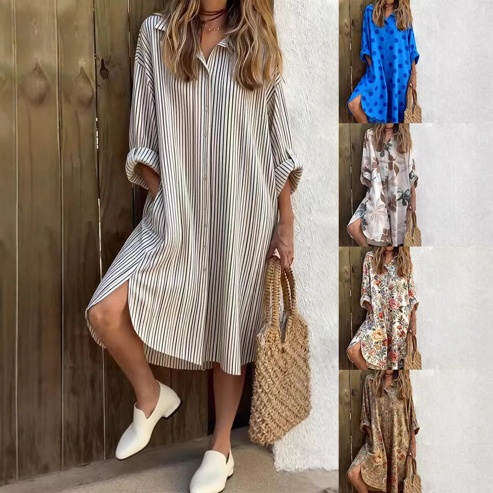 

2026 Women's Spring and Autumn New Daily Comfortable Casual Long Sleeve Lapel Plant Printed Straight Dress Long Skirt for Women