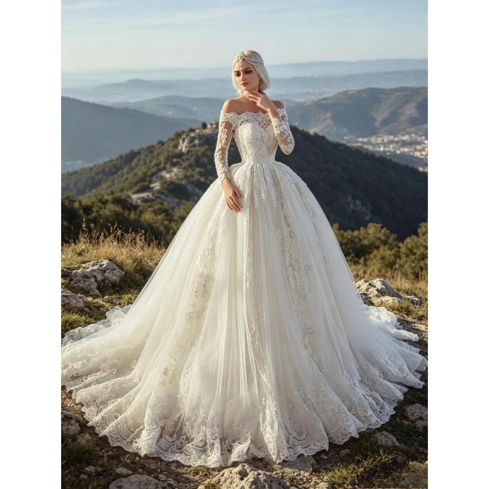 Customized Long Sleeved Boat Collar Lace Wedding Dress with Shiny Decals Elegant and Fluffy Bridal Gown Suitable for Banquets