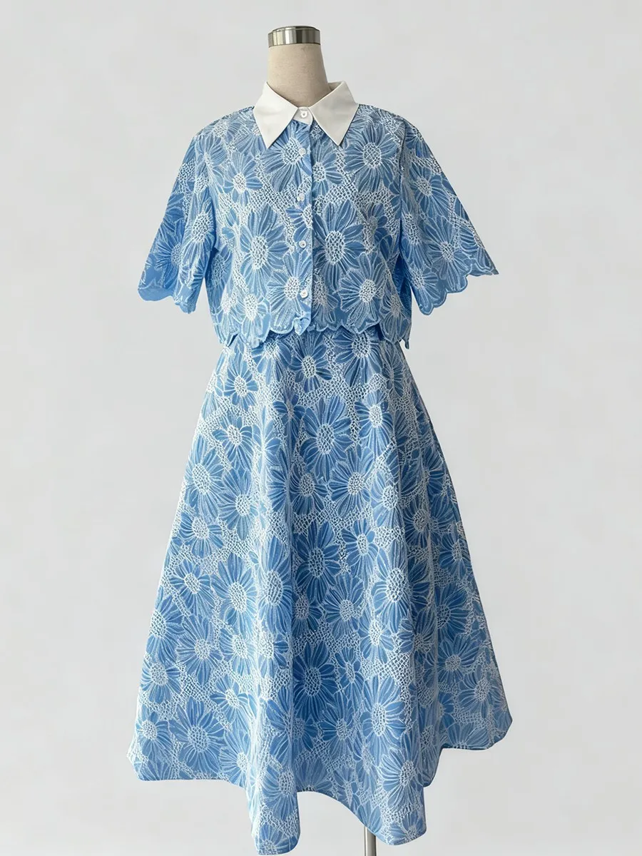 TWOTWINSTYLE, conjuntos de dos piezas con estampado de colores para mujer, solapa, media manga, Top corto, falda de cintura alta, conjunto elegante para mujer, nuevo