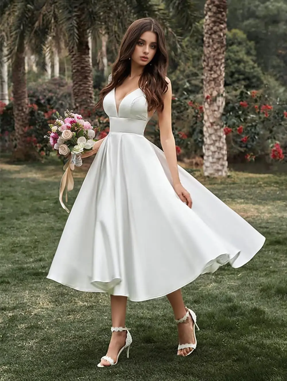

Women's Spaghetti Straps Wedding Dress for Bride Tea Length Satin Bridal Gown A Line High Waist Formal Dress