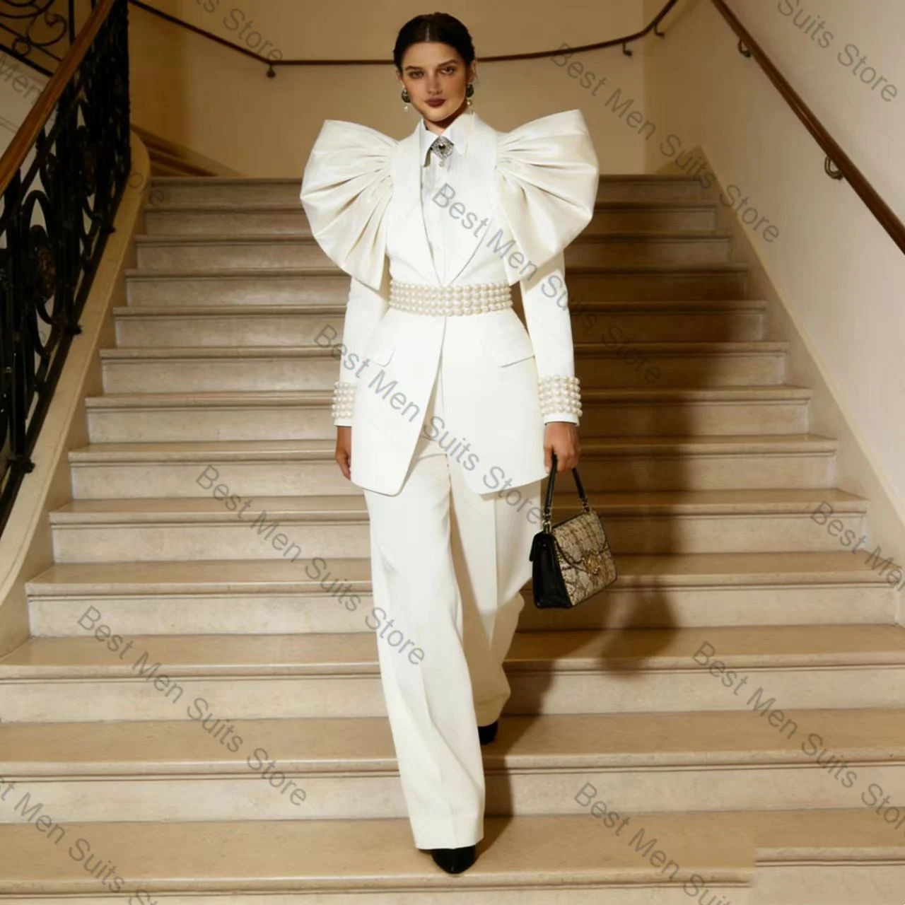 

White Pearls Women Suit Set 2 Pcs Blazer Pants Trousers Luxury Puffy Formal Office Jacket Customized Wedding Tuxedo Guest Coat