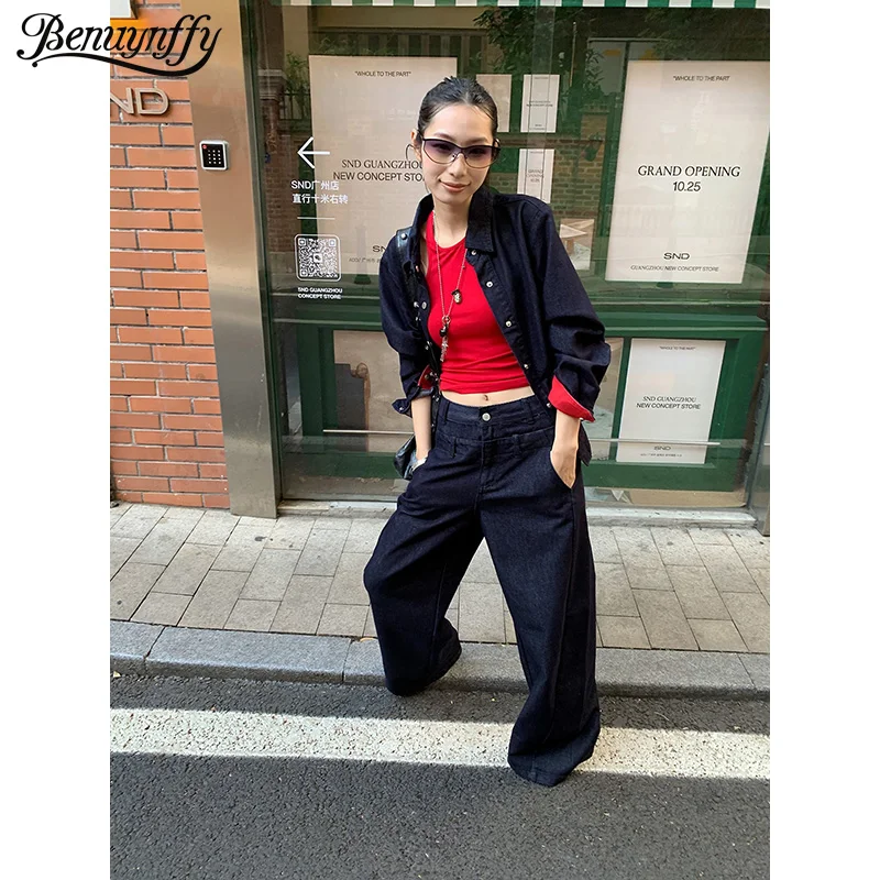 

Benuynffy Denim Suit for Women American Fashion 2026 Spring New Long Sleeve Denim Jacket + Jeans Streetwear Women 2 Pieces Set