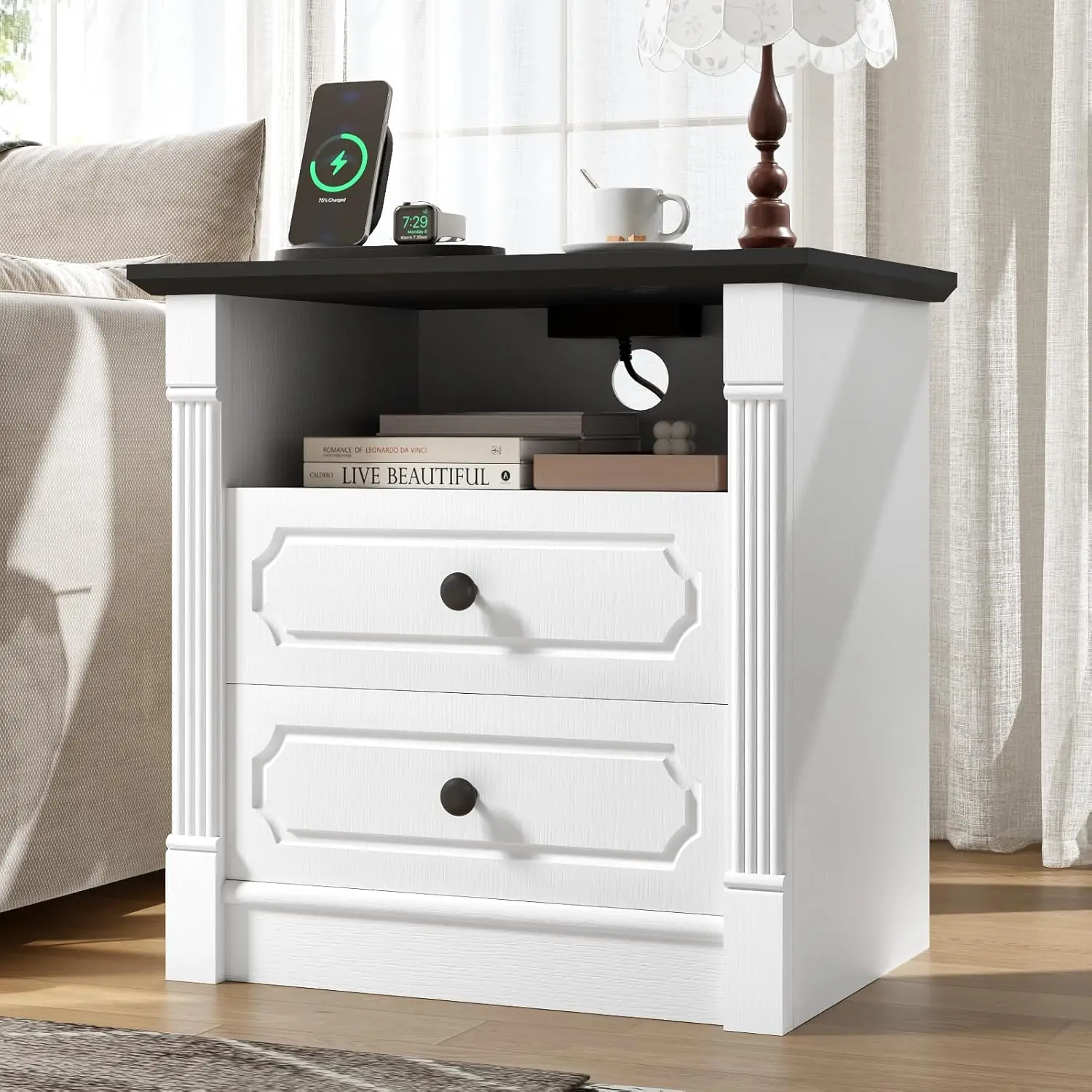 

24" Farmhouse Nightstand w/Charging Station, Wide End Table w/2 Drawers & Roman Column, Mid Century Bedside Table, Customized