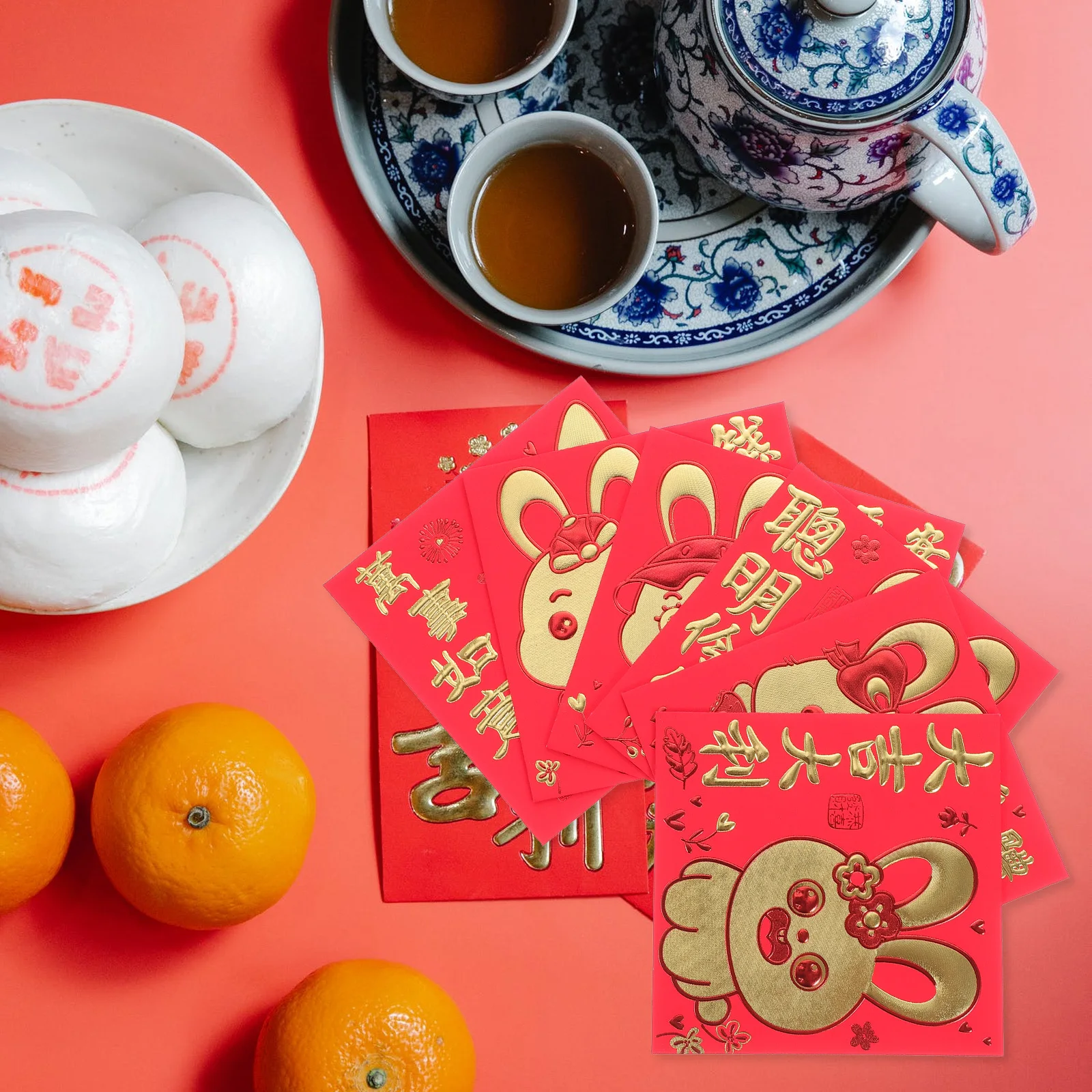 66Pcs Year of The Rabbit Red Envelopes Bright Cartoon Pattern Folding Money Bags Festive Lunar New Year Cash Packets Decorative