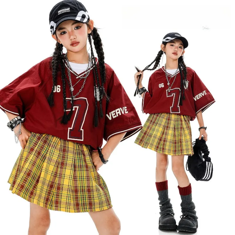 2025年夏新作-ジャズダンス衣装-女の子-ゆったり-ファッション-半袖-チェック柄スカート-セット-おしゃれ-ストリートダンス-ドレス-ガールズ服