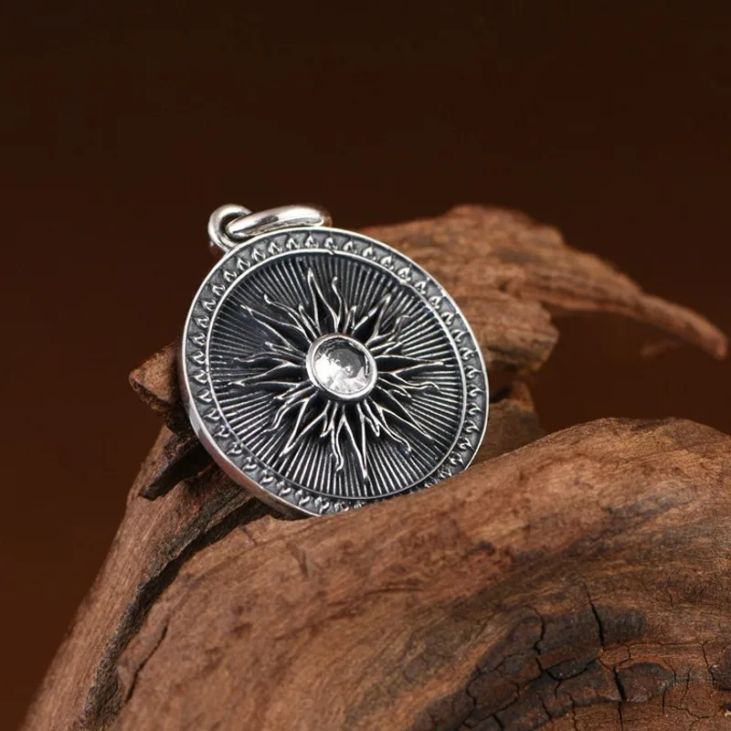 BOCAI NEW S925 Sterling Silver Pendants for Men Women Antique Starburst Flame Pattern Round Charm Fine Choice Jewelry Wholesale